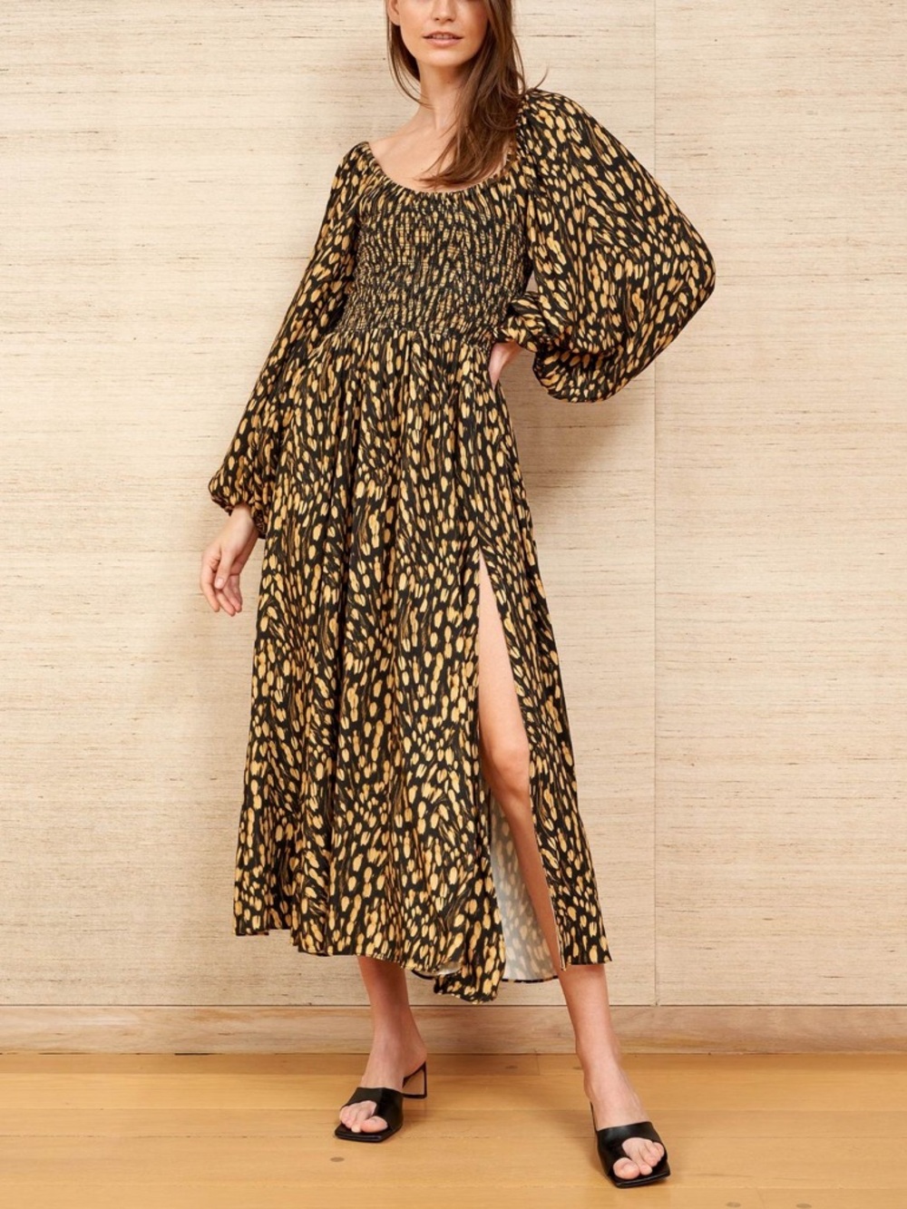 La Ligne Elsa Animal Print Smocked Bodice Midi Dress - XS
